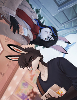 anthro biped clothed clothed_anthro clothed_female clothed_male clothing duo female fingers fur hair male snow snowing standing teeth winter mergremil lagomorph leporid mammal rabbit 2026 digital_drawing_(artwork) digital_media_(artwork) hi_res