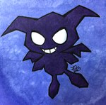 ambiguous_gender no_pupils purple_body purple_skin smile solo wings duckydeathly nintendo pokemon pokemon_stadium demon nightmare_(pokemon) 2017 signature traditional_media_(artwork)