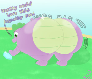 anthro back_wings bent_over big_butt butt dialogue glistening glistening_butt grass green_eyes huge_butt looking_down male multicolored_body outside plant reaching reaching_for_object shortstack solo two_tone_body wings wobbling_butt 300redhun friendship_is_magic hasbro my_little_pony mythology spike_(mlp) dragon mythological_creature mythological_scalie scalie hi_res