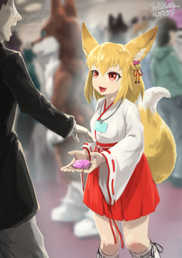 asian_clothing blonde_hair clothing convention east_asian_clothing female group hair imminent_transformation japanese_clothing miko_outfit open_mouth red_eyes shrine_maiden smile shizumi_tsubasa human humanoid mammal comic hi_res watermark