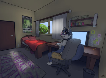 anthro bed black_hair blue_body bottomwear chair clothing computer desk electronics eyewear female furniture glasses hair inside looking_at_viewer office_chair shirt shorts sitting smile solo t-shirt table topwear wristband artifexincognitus bethany_anderson domestic_cat felid feline felis mammal hi_res
