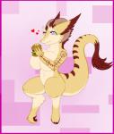 anthro big_breasts blue_sclera breasts brown_hair burger digitigrade eating female food fur hair heart_symbol markings navel nude pink_eyes simple_background solo stripes tail tan_body tan_fur tattoo mirroidal flavia_(helaviskrew) sergal 2015 digital_media_(artwork)