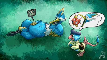 after_vore avian_feet beak blue_body bodily_fluids bone duo facial_markings fatal_vore feathered_crest feathered_wings feathers feet female female_prey feral feral_pred feral_prey green_eyes head_crest head_markings internal larger_pred male male_pred markings mask_(marking) membrane_(anatomy) organs reviver_seed seed size_difference skull stomach stomach_acid tail tail_feathers toes vore webbed_feet weight_gain white_markings wings yellow_markings gyrotech silent_e nintendo pokemon fan_character miles_(nonine) onyx_(owenvii) thunk_(gyro) avian cramorant eevee generation_1_pokemon generation_8_pokemon magikarp pokemon_(species) 16:9 hi_res widescreen