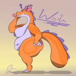 anthro belly big_belly big_breasts big_butt breasts butt claws fangs female forked_tongue horn inverted_nipples markings nipples non-mammal_nipples orange_body orange_scales overweight overweight_anthro overweight_female purple_body purple_scales question_mark scales side_view simple_background slightly_chubby solo standing tail tattoo teeth thick_thighs tongue baron_montesque mythology winola_the_mist_dragon_(character) dragon mythological_creature mythological_scalie scalie 1:1 2018 absurd_res hi_res