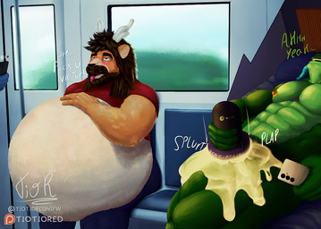 abdominal_bulge abs anal anal_penetration animal_genitalia animal_penis anthro areola balls beard bedroom biceps bicolored_penis big_balls big_muscles big_pecs big_penis biped black_balls black_penis black_snout blue_tongue bodily_fluids bottomwear brown_body brown_eyebrows brown_eyes brown_fur brown_hair canine_genitalia canine_penis clothed clothing cum cum_in_ass cum_inflated_belly cum_inflation cum_inside cumshot dialogue duo ejaculation electronics erection eyebrows facial_hair fur furniture genital_fluids genitals green_balls green_body hair horn huge_penis humanoid_genitalia humanoid_penis hyper inflation inside_train knot long_tongue lying male male/male male_penetrating muscular muscular_anthro muscular_male mustache neck_muscles nipples non-euclidean_sex nude orange_body orange_fur pants pecs penetrable_sex_toy penetration penis penis_poking_belly phone portal_fleshlight portal_sex public public_transportation purple_penis sex sex_toy shirt sitting speech_bubble subway tail teeth text thick_neck thinking_with_portals tongue topwear train transformation vehicle vein veiny_penis yellow_eyes yellow_penis tiotiored mythology vander_(darty_vander) victor_(tiotiored) dragon felid hybrid lion mammal mythological_creature mythological_scalie pantherine scalie english_text letterbox shaded signature