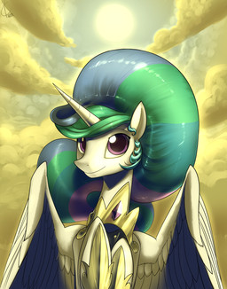 cloud crown feathered_wings feathers female gold_(metal) hair headgear horn looking_at_viewer multicolored_hair outside purple_eyes sky solo sun white_body white_feathers wings valcron friendship_is_magic hasbro my_little_pony mythology princess_celestia_(mlp) equid equine mammal mythological_creature mythological_equine winged_unicorn 2015 hi_res