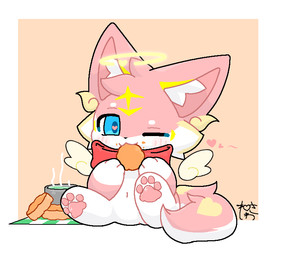 bell blush chibi eating eyes_closed female feral fur halo head_markings looking_at_viewer markings mooncake multicolored_body multicolored_fur one_eye_closed paws pink_body pink_fur solo white_body white_fur wings wink neisawa neisawa(neisawawww) canid canine fox mammal