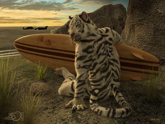 anthro claws looking_at_viewer looking_back looking_back_at_viewer male outside realistic rear_view sitting solo surfboard water sherwood aquatic cetacean dolphin felid mammal oceanic_dolphin orca pantherine tiger toothed_whale 3d_(artwork) 4:3 digital_media_(artwork)