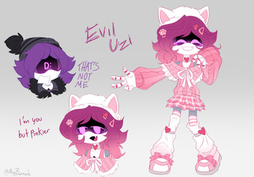 4_fingers alternate_universe black_clothing black_jacket black_topwear clothing d: dialogue dress fake_ears female fingers hair highlights_(coloring) jacket jewelry machine mechanical_arm mechanical_leg not_furry pink_clothing pink_dress pink_eyes pink_highlights pink_stripes purple_hair screen_eyes solo stripes text topwear megbanned glitch_productions murder_drones uzi_(murder_drones) android humanoid robot robot_humanoid worker_drone english_text hi_res