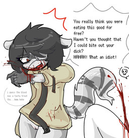 anthro blood blood_fontaine blood_from_penis blood_on_clothing blood_on_face blood_on_hand blush bodily_fluids body_blush bottomless bottomless_female clothed clothing cock_and_ball_torture duo eating_genitalia eye_patch eyewear female female_focus genital_mutilation genital_torture genitals gore hard_vore licking_blood male mutilation nosebleed offscreen_male penectomy penis red_eyes restraints sharp_teeth simple_background skull_symbol solo_focus speech_bubble straitjacket tail teeth text vore vulva vulva_blush white_background wiping_mouth wounded gorebunny cerise_(e254e) mammal procyonid raccoon 2025 english_text hi_res