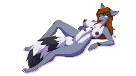 anthro areola black_nipples bracelet breasts foreskin genitals gynomorph humanoid_genitalia hyper_long_penis intersex jewelry nipples penis solo two_tone_tail marblesoda canid canine mammal 16:9 2021 digital_media_(artwork) hi_res widescreen