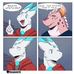 5_fingers anthro bad_joke blue_body blue_eyes blue_spikes clothing dialogue duo fingers four_frame_image gesture hand_gesture head_spikes hoodie horn horn_jewelry horn_ring humor jewelry long_ears male neck_spikes pink_body pink_spikes pointing pointing_up ring_(jewelry) serious shirt speech_bubble spikes spikes_(anatomy) stairs text topwear white_body wtf_face bluepanda115 mythology hyperion_(bluepanda115) saber_(bluepanda115) dragon mythological_creature mythological_scalie scalie wingless_dragon 1:1 absurd_res comic english_text hi_res multiple_scenes