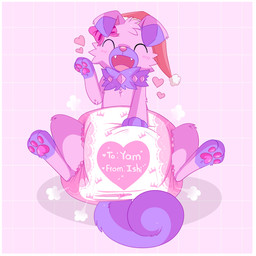 accessory ambiguous_gender blush blush_lines border bow_ribbon christmas_clothing christmas_headwear clean_diaper clothed clothing cloud_emanata curled_tail cute_fangs diaper diaper_puff dipstick_ears ear_markings emanata eyes_closed fangs feral floppy_ears fluffy fluffy_tail fur gesture gloves_(marking) hair_accessory hair_bow hair_ribbon hand_on_diaper hat headgear headwear heart_symbol holidays leg_markings markings multicolored_body multicolored_ears multicolored_fur open_mouth open_smile pawpads pink_background pink_body pink_bow pink_fur pink_nose pink_pawpads purple_body purple_ear_tips purple_fur purple_tail ribbons santa_hat simple_background sitting smile socks_(marking) solo tail teeth text text_on_diaper touching_diaper two_tone_body two_tone_fur waving wearing_diaper white_border jupiters christmas nintendo pokemon ishi_(ryanator) generation_7_pokemon pokemon_(species) rockruff 1:1 character_name english_text hi_res