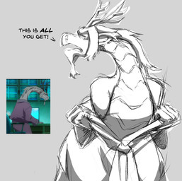 annoyed anthro beard biped clothing dialogue facial_hair grip hair half-closed_eyes horn looking_at_viewer male narrowed_eyes open_mouth robe scales solo standing talking_to_viewer teasing text tongue undressing bob-jiggles little_witch_academia mythology studio_trigger toho fafnir_(little_witch_academia) dragon mythological_creature mythological_scalie scalie english_text sketch
