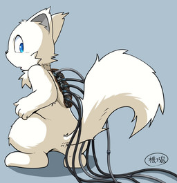 ambiguous_gender anthro blue_eyes fur kemono machine machine_reveal open_mouth semi-anthro solo white_body white_fur yzen hakubi_(yzen) android robot