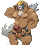 absurd_res anthro anthrofied balls big_muscles brown_body brown_fur chest_tuft entei erection fur generation_2_pokemon genitals hi_res legendary_pokemon maldu male muscular muscular_anthro muscular_male navel nintendo nipples pecs penis pokemon pokemon_(species) shiny_pokemon simple_background slightly_chubby solo tuft white_background