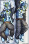 abs anthro barefoot belt biped black_nose blonde_highlights blue_body blue_fur blue_hair bottomwear clothed clothing dakimakura feet fluffy fluffy_tail fur hair highlights_(coloring) lying male muscular muscular_anthro muscular_male necktie on_back on_side open_clothing open_shirt open_topwear pants pecs pose shirt smile solo tail topwear yellow_eyes wolfmalro agonylight canid canine canis mammal wolf 2016 dakimakura_design hi_res