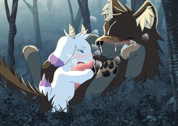 anal anal_orgasm anal_penetration animal_genitalia animal_penis blue_eyes blush bodily_fluids brown_body brown_fur cum cum_in_ass cum_inside cum_on_face cumshot duo ejaculation erection eyes_closed feral feral_on_feral forest from_front_position fur genital_fluids genitals grass half-closed_eyes hands-free horn hugging_penis interspecies larger_male larger_penetrated larger_sub looking_pleasured lying male male/male male_on_bottom male_on_top male_penetrated male_penetrating male_penetrating_male missionary_position narrowed_eyes on_back on_bottom on_top open_mouth orgasm orgasm_face outside outside_sex pawpads penetration penile penile_penetration penis penis_in_ass penis_on_face plant raised_tail sex size_difference smaller_male smaller_on_top spread_legs spreading steamy_breath submissive tail tapering_penis tree white_body marume one_stormy_night gabu mei_(one_stormy_night) bovid canid canine canis caprine goat mammal wolf absurd_res censored digital_media_(artwork) hi_res