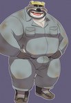 anthro armor biped bottomwear bulge clothing construction_worker detailed_bulge genital_outline hard_hat headgear helmet humanoid_hands kemono male overalls overweight overweight_anthro overweight_male pants penis_outline shirt simple_background solo topwear 00murice bear mammal 2021