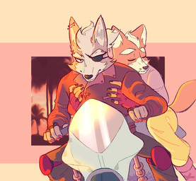 4_fingers abstract_background anthro boots bottomwear clothing cuddling driving duo ear_piercing eye_patch eyebrows eyes_closed eyewear fingerless_gloves fingers footwear fur gloves hair handwear industrial_piercing jacket knee_pads male motorcycle multicolored_body multicolored_fur orange_body orange_fur palm_tree pants piercing plant romantic romantic_couple shoes simple_background topwear tree two_tone_body two_tone_fur vehicle white_body white_fur iglioatelle nintendo star_fox fox_mccloud wolf_o'donnell canid canine canis fox mammal wolf 2021