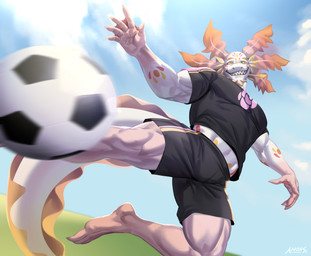 5_fingers action_pose anthro arm_markings ball barefoot black_bottomwear black_clothing black_shirt black_shorts black_topwear blue_sky bottomwear clothed clothed_anthro clothed_male clothing cloud cloudy_sky day external_gills eye_markings facial_markings fangs feet fingers front_view fully_clothed fully_clothed_anthro fully_clothed_male gills gums head_gills head_markings male markings membrane_(anatomy) midair muscular muscular_anthro muscular_male no_pupils orange_gills orange_markings outside pink_body pink_gills pose print_clothing print_shirt print_topwear purple_markings red_markings shirt shorts sky smile smiling_at_viewer soccer_ball solo tail teeth text toothy_grin topwear webbed_hands white_body white_sclera yellow_eyes yellow_markings amon-sydonai amphibian aquatic axolotl mole_salamander salamander 2022 absurd_res artist_name digital_drawing_(artwork) digital_media_(artwork) english_text full-length_portrait hi_res portrait