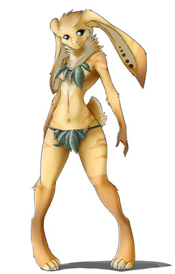 4_toes anthro barefoot biped bottomwear breasts claws clothed clothing crotch_apron digitigrade ear_piercing feet female leaf leaf_clothing loincloth long_ears looking_at_viewer piercing simple_background skimpy slim solo standing toes tribal white_background hy_thegreykatt hare lagomorph leporid mammal