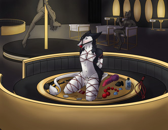 anal_beads anthro areola arms_tied ball_gag balls bdsm black_body black_fur blue_eyes blush bondage bound buttplug chair chastity_cage chastity_device claws clothing condom countershade_face countershade_fur countershade_tail countershade_torso countershading dancing detailed_background digitigrade dildo egg_vibrator flogger frogtied fur furniture gag gagged genitals grey_body grey_fur group hands_behind_back hands_tied harness kneeling legs_tied lube_bottle male multicolored_body multicolored_fur navel nightclub nipples nub_chastity_cage nude pink_nipples plug_(sex_toy) pole pole_dancing public restraints rope rope_bondage rope_harness sex_toy sexual_barrier_device silhouette sitting sofa solid_chastity_cage solo_focus tail tail_tuft toe_claws tongue tongue_out trio tuft two_tone_body two_tone_fur underwear vibrator wand_vibrator white_body white_countershading white_fur white_tail_tuft petpolaris kat_(espiwinter) equid equine felid horse mammal sergal digital_drawing_(artwork) digital_media_(artwork)