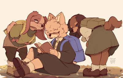 anthro backpack biped book brown_tail clothed clothed_anthro clothed_female clothing female footwear fully_clothed fully_clothed_anthro fully_clothed_female group holding_book holding_object reading shoes sitting standing tail trio conditional_dnp tohupo ann_(tohupo) ela_(tohupo) patty_(tohupo) american_cocker_spaniel bird_dog canid canine canis cocker_spaniel domestic_dog hunting_dog mammal papillon spaniel spitz toy_dog 2025 digital_drawing_(artwork) digital_media_(artwork) hi_res
