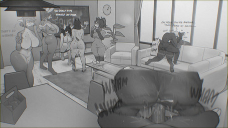anthro being_watched big_breasts biped blush bodily_fluids breasts butt clothing cum detailed_background electronics female female_penetrated from_behind_position furniture genital_fluids genitals group inside larger_female leaking_cum looking_at_another male male/female male_penetrating multicolored_body nipples nude penetration penile penile_penetration penis sex size_difference smaller_female sofa sweat television undressing wide_hips sincrescent lagomorph leporid mammal rabbit rodent hi_res