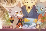 anthro band-aid bandage blue_body blue_fur bodily_fluids book clothed clothing coffee_mug computer electronics eyebrows eyes_closed floral_print fur kemono laptop male orange_eyes smile sweat teal_eyes yellow_body yellow_fur dark_ishihara aoniya_yuudai incorrigibal kaneinu_kosuke canid canine canis domestic_cat domestic_dog felid feline felis mammal hi_res