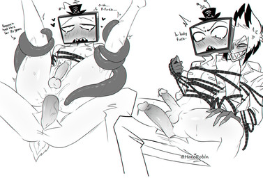 abdominal_bulge anal anal_penetration angry annoyed antennae_(anatomy) arms_tied athletic athletic_male balls bdsm blush blushing_profusely bodily_fluids bondage bottomless bottomwear bound clothed clothing cross-popping_vein dialogue directional_arrow dominant dominant_male dripping duo ears_up electronics emanata erection eye_roll flat_screen flat_screen_television flatscreen for_a_head from_behind_position genital_fluids genitals grin hair half-closed_eyes hand_on_leg hands_behind_back hat headgear headwear heart_symbol holding_both_legs holding_legs_up humanoid_genitalia humanoid_penis legs_up looking_at_another looking_at_partner looking_down looking_pleasured male male/male male_penetrated male_penetrating male_penetrating_male medium_hair mostly_nude narrowed_eyes nipples on_bottom on_top open_bottomwear open_clothing open_mouth open_pants open_topwear pants partially_clothed pecs penetration penis penis_size_difference pointy_ears precum precum_drip prick_ears profanity rectangle_nipples restrained restrained_arms restrained_by_tentacles restrained_legs restraints screen screen_face sex shallow_penetration sharp_teeth shirt short_tail simple_background smile smug spread_legs spreading stuttering submissive submissive_male sweat tail tears teeth television tentacles tentacles_around_legs text thick_thighs topwear unusual_anatomy unusual_nipples white_background wide_eyed hatorobin hazbin_hotel hellaverse alastor_(hazbin_hotel) vox_(hazbin_hotel) animal_humanoid deer deer_humanoid demon humanoid mammal mammal_humanoid object_head screen_head tv_head english_text hi_res monochrome sequence signature