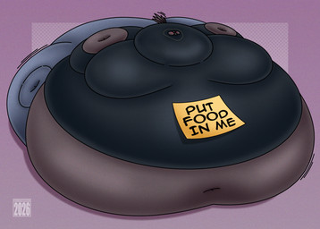 anthro beak belly big_belly black_beak black_body blush clothed clothing deep_navel feathers head_tuft huge_belly hyper hyper_belly immobile jewelry male moobs morbidly_obese morbidly_obese_anthro morbidly_obese_male navel necklace obese obese_anthro obese_male overweight overweight_anthro overweight_male purple_background simple_background solo tail tail_feathers text tuft balloonedbird tuba_(balloonedbird) avian bird corvid corvus_(genus) crow oscine passerine 2026 7:5 english_text hi_res