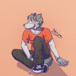 adolescent anthro bottomwear clothing denim denim_bottomwear denim_clothing jeans long_sleeves male pants shirt shoelaces shoelaces_untied sitting solo t-shirt topwear young he_is_nyaa oscar_(he_is_nyaa) canid canine canis hybrid mammal wolfdog 1:1 hi_res