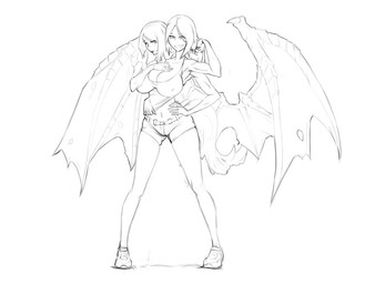 2_heads 4_arms animal_tail basket bat_wings biped breasts claws clothing conjoined container female hair hand_in_hair hand_on_hip long_hair looking_at_viewer membrane_(anatomy) membranous_wings multi_arm multi_head multi_limb nipples not_furry shirt shirt_grab short smile solo topwear touching_hair wings katkooki materclaws helena_and_kassandra humanoid mammal vampire winged_humanoid 2016 monochrome