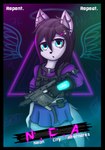 anthro black_border border clothing cyberpunk female fur gun kriss_vector neon ranged_weapon science_fiction solo submachine_gun text weapon young young_anthro young_female dream_mirage angel_kitsune canid canine canis fox hybrid mammal wolf hi_res