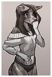 anthro border brown_eyes clothing ear_piercing eye_through_hair female flat_ears hair hand_on_face panties piercing shoulderless_sweater solo sweater topwear translucent translucent_hair underwear white_border luckyonn canid canine canis domestic_dog mammal hi_res