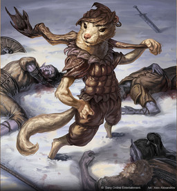 ambiguous_gender anthro barefoot bottomwear clothing corpse ear_piercing ear_ring feet fur group hat headgear headwear holding_object humanoid_pointy_ears leaf_clothing lying male melee_weapon pants piercing pointy_ears purple_body ring_piercing shield snow standing sword tail weapon whiskers white_body white_fur alex_alexandrov poxnora sony_corporation elf humanoid mammal mustelid musteline true_musteline weasel official_art