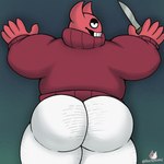 body_hair bottomless butt butt_hair clothed clothing grin hairy horn knife male overweight overweight_male slightly_chubby slightly_chubby_male smile solo sweater teasing topwear lucknomz spooky_month bob_velseb demon humanoid 1:1 hi_res