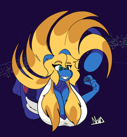 anthro big_breasts blonde_hair breasts female green_eyes hair huge_breasts macro smug_face space nova_prowler nintendo pokemon generation_1_pokemon legendary_pokemon mew_(pokemon) pokemon_(species) hi_res