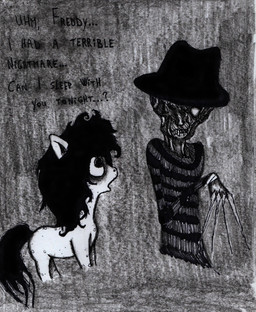 bilemirth burnt duo feral horror_(theme) horror_movie ink male unhappy893 hasbro my_little_pony nightmare_on_elm_street fan_character freddy_krueger earth_pony equid equine horse human mammal pony absurd_res comic hi_res monochrome sketch traditional_media_(artwork)