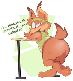 accessory anthro arm_support ass_up bent_over big_butt black_nose bodily_fluids bottomless butt claws clothed clothing countershading dialogue ear_tuft eyebrows fangs fur head_tuft headband looking_at_viewer looking_back male monobutt open_mouth orange_body orange_fur pointy_ears raised_eyebrows raised_tail rear_view shirt simple_background solo sweat tail tank_top teeth thick_thighs tongue toony topwear tuft white_background wide_hips astralkettei bubsy_(series) bubsy_bobcat bobcat felid feline lynx mammal hi_res