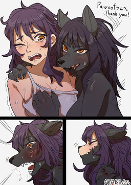 anthro assimilation bite black_body black_fur black_nose bodily_fluids breast_grab breasts claws crying duo eyes_closed female fur hair hand_on_breast human_to_anthro kemono open_mouth purple_hair simple_background species_transformation tears transformation transformation_sequence white_background ayabemiso mythology mana_(pawoof) canid canine human mammal mythological_canine mythological_creature werecanid werecanine werecreature werewolf 2022 comic hi_res story story_in_description