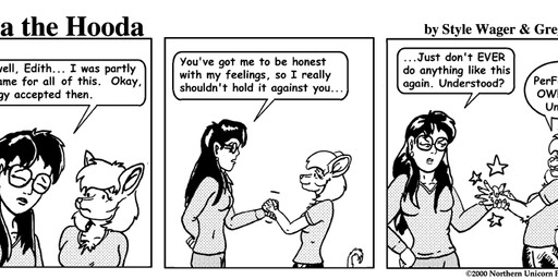 anthro breasts clothed clothed_female clothing dialogue duo eyewear female fur gesture glasses hair handshake tail text style_wager dela_the_hooda edith_picadelly sue_chan_(dela_the_hooda) human mammal mouse murid murine rodent 2000 comic english_text greyscale monochrome
