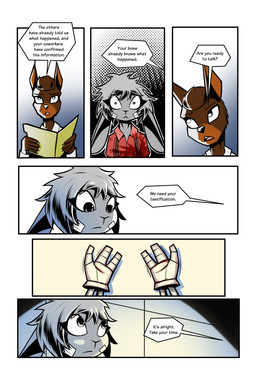 anthro brown_body brown_fur brown_hair clothed clothed_anthro clothed_female clothed_male clothing cybernetic_hand cybernetics dialogue female female_anthro fur grey_body grey_fur grey_hair hair machine male male_anthro short_hair text gatonejo tabby_(gatonejo) canid canine canis cyborg domestic_dog lagomorph leporid mammal rabbit 2026 2:3 comic english_text hi_res translated