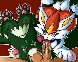 anthro ball_lick balls big_butt big_penis blowjob_face butt double_fellatio double_oral duo feet fellatio female genitals group huge_butt huge_thighs licking looking_at_viewer male oral party_hat_pyro paws penile penis penis_in_mouth sex simple_background tail thick_thighs tongue trio nintendo pokemon cinderace generation_8_pokemon generation_9_pokemon lagomorph leporid mammal meowscarada pokemon_(species) rabbit absurd_res hi_res
