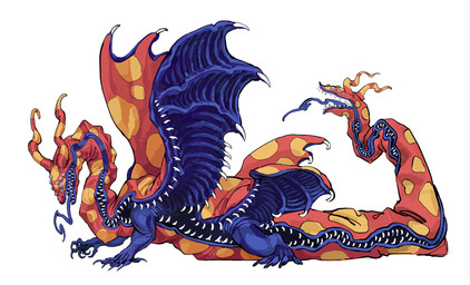 ambiguous_gender blue_body blue_legs blue_skin blue_tongue feral horn huge_mouth multi_teeth multicolored_horn red_body red_skin solo spots spread_wings teeth tongue wings yellow_spots tahioxaaa mythology gloink_queen dragon gloink mythological_creature mythological_scalie scalie hi_res