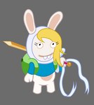 anthro backpack blonde_hair bottomless buckteeth clothed clothing cosplay crossover_cosplay eyelashes female grey_background hair hat headgear headwear looking_at_viewer melee_weapon shirt simple_background solo sword teeth topwear weapon unknown_artist adventure_time cartoon_network raving_rabbids rayman_(series) ubisoft fionna_the_human lagomorph mammal rabbid 2023 crossover