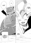 beach blastoise blush bodily_fluids comic dialogue eeveelution english_text eyes_closed feral generation_1_pokemon generation_4_pokemon hi_res leafeon light monochrome nintendo pokemon pokemon_(species) seaside smile sunlight sweat talking_feral text yamatokuroko965