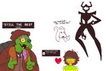ambiguous_gender anthro beard blush blush_lines bone bonnet brown_hair clothing coat cross-popping_vein dialogue_box embarrassed eyebrows facial_hair female finger_gun floppy_ears fur gesture hair hand_blush hand_gesture headgear headwear horn looking_at_viewer lop_ears male male_anthro male_human missing_tooth name_drop one_eye_closed pattern_clothing pattern_shirt pattern_topwear pink_beard pink_eyebrows pink_facial_hair pink_hair pointing pointing_at_another scarf shadow_face shaking shirt skeleton smug snout striped_clothing striped_shirt striped_topwear stripes text topwear vest wink winking_at_viewer signirsol deltarune skill_issue_(meme) soul_eater_cringe undertale undertale_(series) asriel_dreemurr gerson kris_(deltarune) roaring_knight sans_(undertale) animated_skeleton bovid caprine goat human mammal reptile scalie shadow_creature soul_(undertale) turtle undead 2025 3:2 aliasing digital_media_(artwork) english_text multiple_images