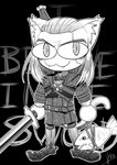 advertisement belt cat_tail male melee_weapon narrow_hips parody scar solo sword thin_calves thin_legs thin_thighs weapon yogurpodrido the_witcher tsukihime type-moon geralt_of_rivia neco-arc humanoid neco_spirit crossover monochrome